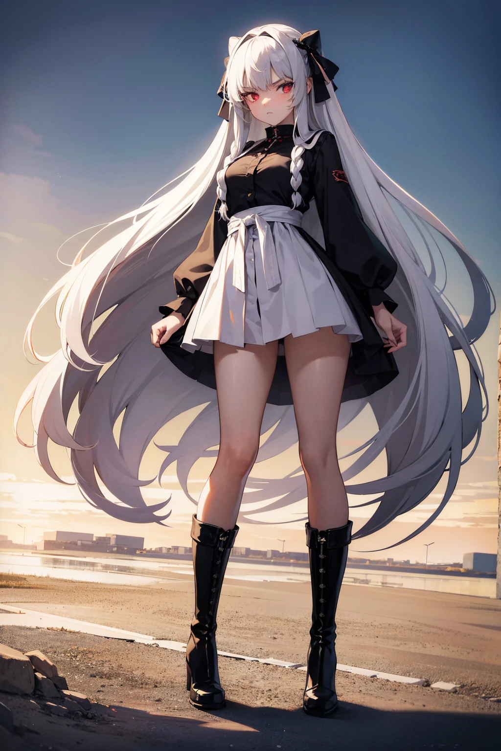 Girl, 20 years old, with long white hair down to below her waist, a serious yet tender expression, and red eyes. Her hair features black streaks. She wears antique-style clothing, a long black dress with a slit on the legs, and high black boots that almost reach her knees. Her power and background are related to shadows and darkness. dark escense, figth stance