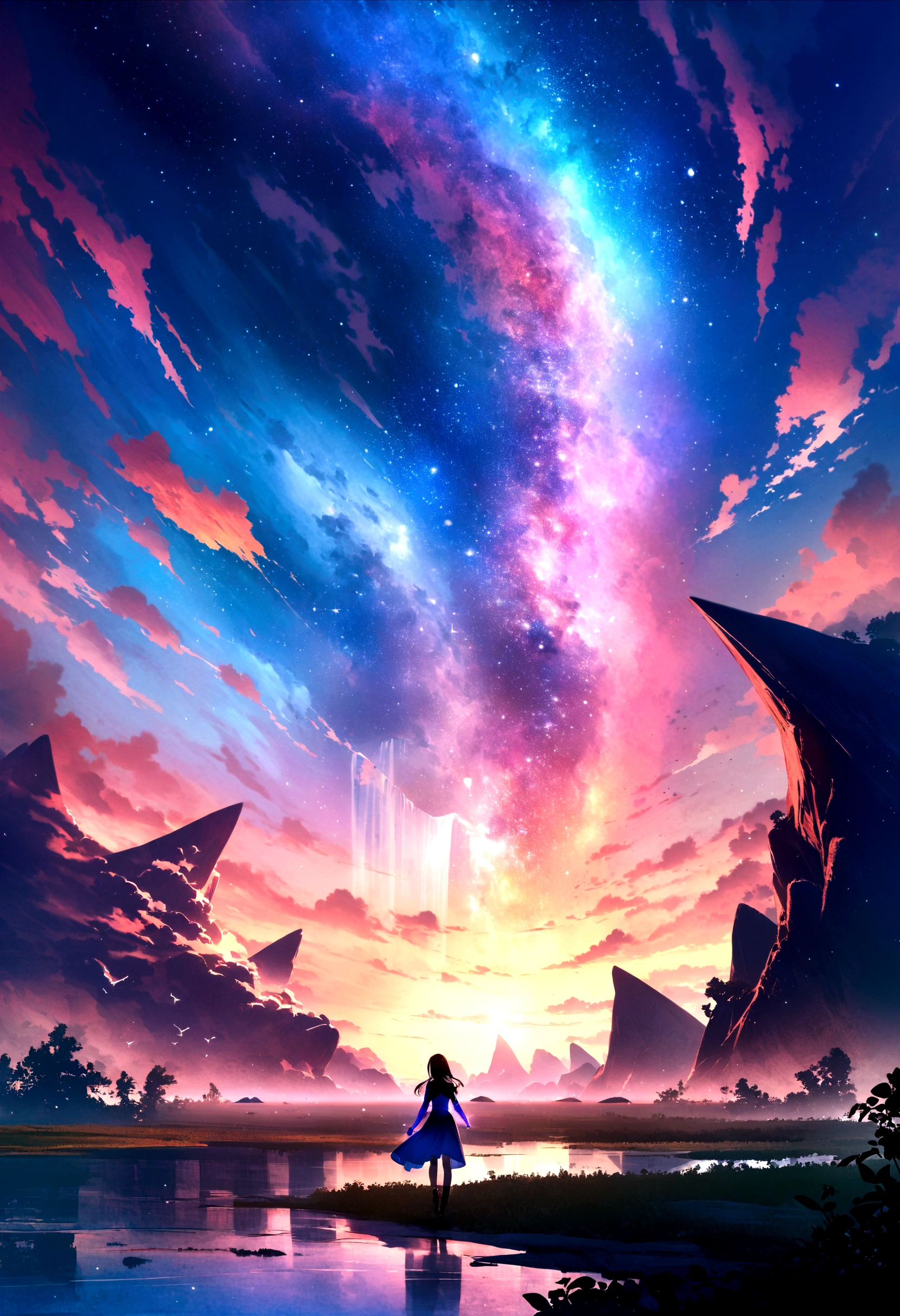 (8K、RAW photos、best quality、look up:1.2、masterpiece:1.2、realistic、Ultra-high resolution、High contrast、Light子映射、real、Very detailed、Official Art, RAW photos、professional Lighting、 Light、Vivid atmosphere、twiceLight), Spectacular panorama including flying islands and waterfalls、Colorful clouds landscape、 A girl is looking at the scenery。A white kitten is guarding 。 The whole work expresses a high fantasy worldview.、The grand composition and proportions are beautifully depicted.。Guardian nebula of rainbow Light and silvery vapor、The Corrosive Siege Ray Family Lights up the sky、There's a sticky feeling in the air.。In this world, Kindness and joy shine、Magnificent scenery adds color to the story。