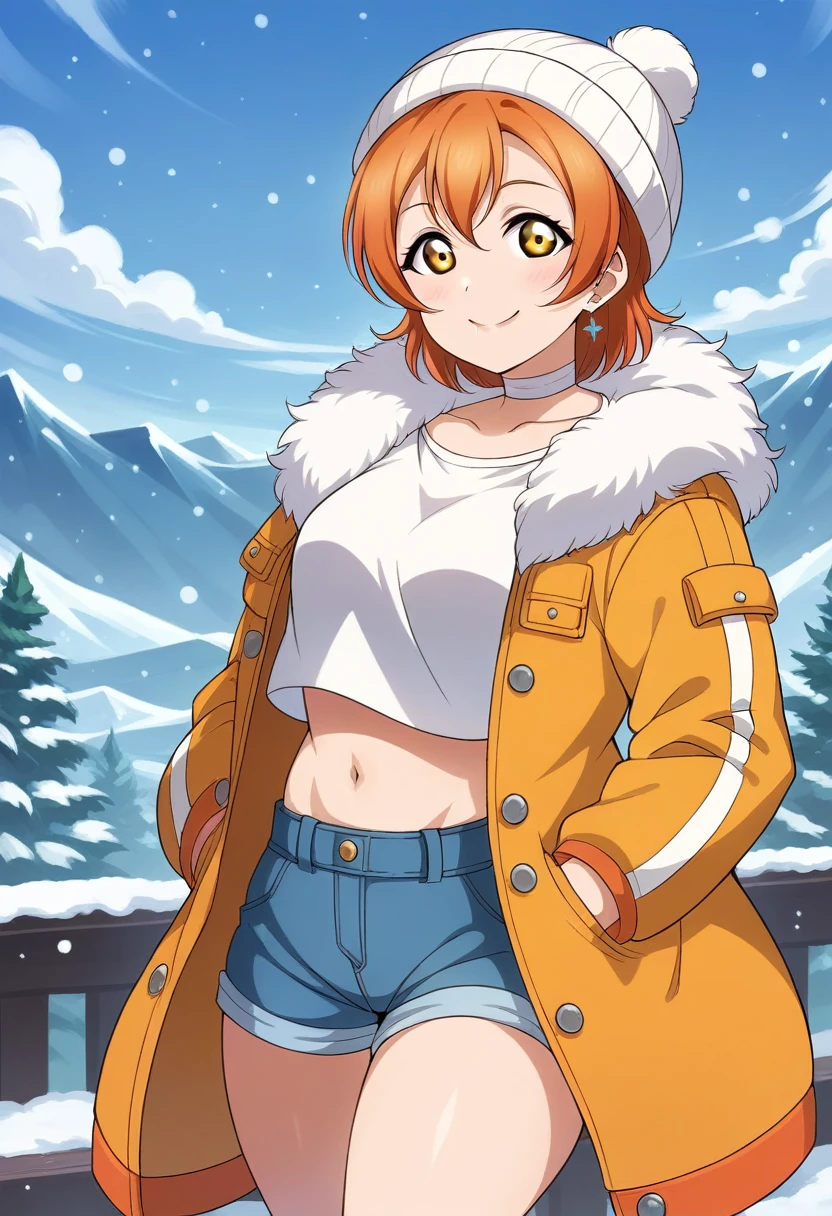 (Masterpiece, Best Quality, High Quality), Rin Hoshizora Love Live, orange hair, yellow eyes, cowboy shot,bangs, white beanie hat , crop top, jewelry, closed mouth, jacket, earrings, outdoors, sky, shorts, fur trim, cute choker, snow, snowing, mountain, fur-trimmed jacket, mountainous horizon, smile ,(lipstick:0.7), hands in pocket ,thicc thighs 