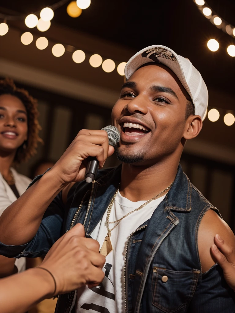 Pop music singer man singing at a party with many women