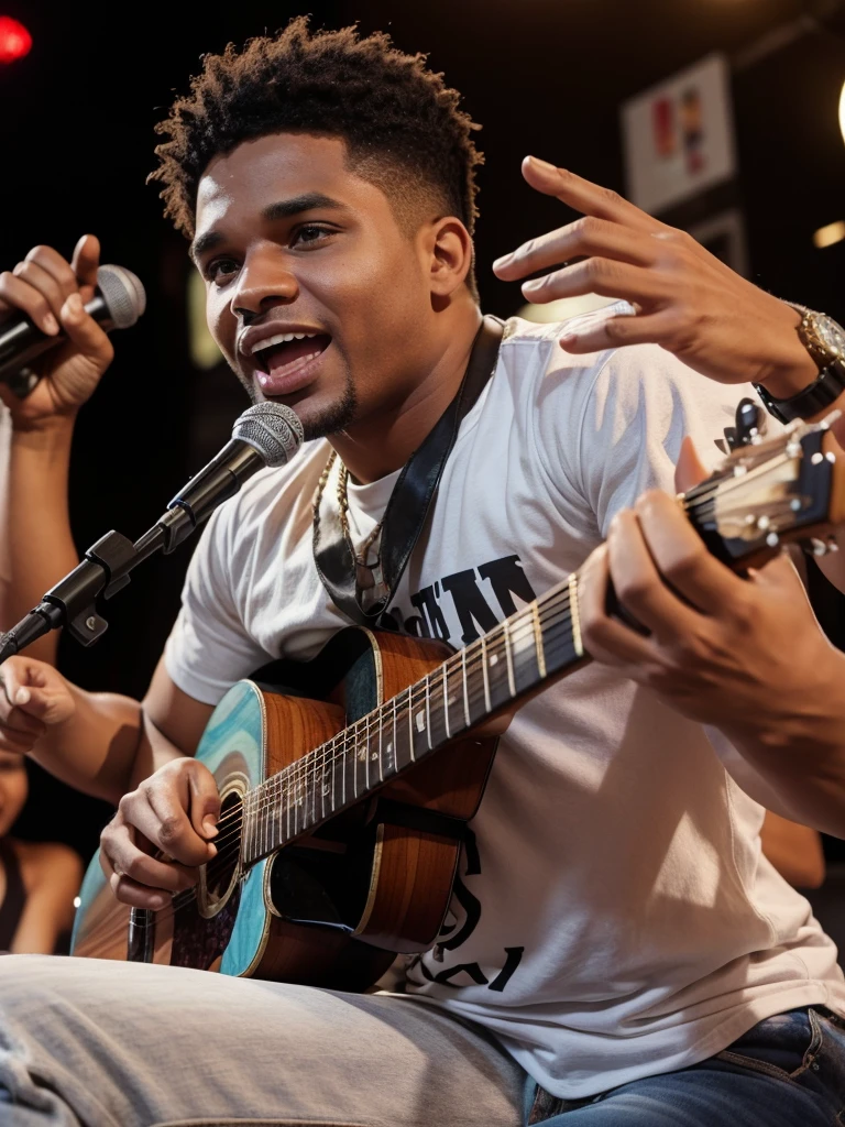 Pop music singer man singing at a party with many women
