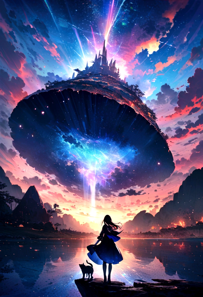 (8K、RAW photos、best quality、look up:1.2、masterpiece:1.2、realistic、Ultra-high resolution、High contrast、Light子映射、real、Very detailed、Official Art, RAW photos、professional Lighting、 Light、Vivid atmosphere、twiceLight), Spectacular panorama including flying islands and waterfalls、Colorful clouds landscape、 A girl is looking at the scenery。A white kitten is guarding 。 The whole work expresses a high fantasy worldview.、The grand composition and proportions are beautifully depicted.。Guardian nebula of rainbow Light and silvery vapor、The Corrosive Siege Ray Family Lights up the sky、There&#39;s a sticky feeling in the air.。In this world, Kindness and joy shine、Magnificent scenery adds color to the story。