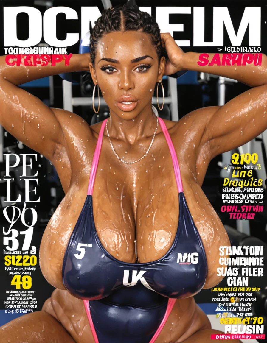 Magazine cover,美丽Black person女人(Wear a high-forked swimsuit),,(dark skin),E7E48U，Sweating all over，Large Breasts,，Large and sagging breasts，Black person，Background gym
