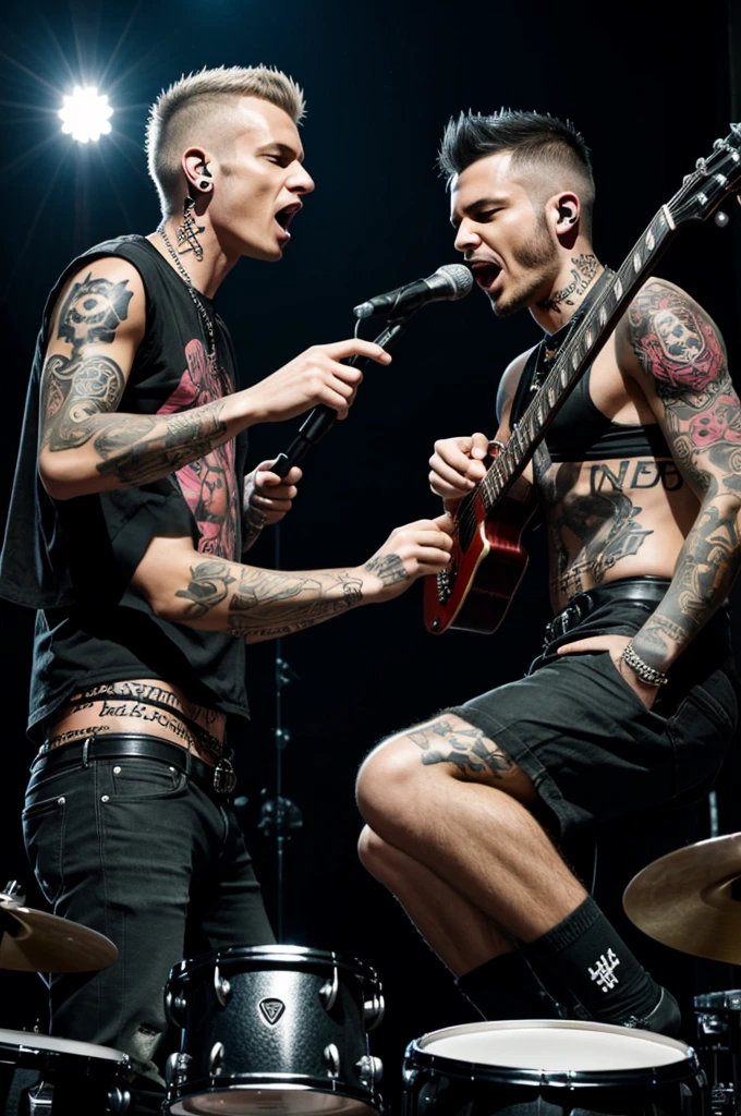 Create a tattoo where 2 punk people appear, one singing and the other playing the drums, in the shape of a skull