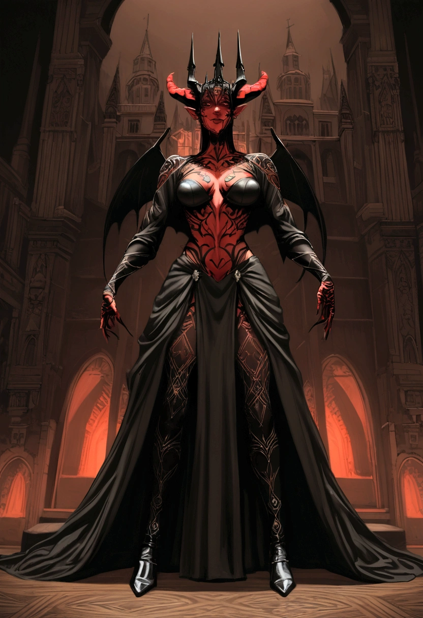 Gal Gadot a red demon with pointy horns, intricate sarcastic smile, with insane details, with intricate evil face, Dark environment, gothic, monstrous, sharp focus, tattooed, full body sharp focus, dark environment, ( perfect skin) (perfecf intricate face details) dark art, Castle Ballroom Background, Leicaq 2, Nikon, Nikon D850 film photography 4, --Had, --S100, Greg Rutkowisk, Rendering, 16K, photorealism, EOS Digital Rebel T100 18-55mm,