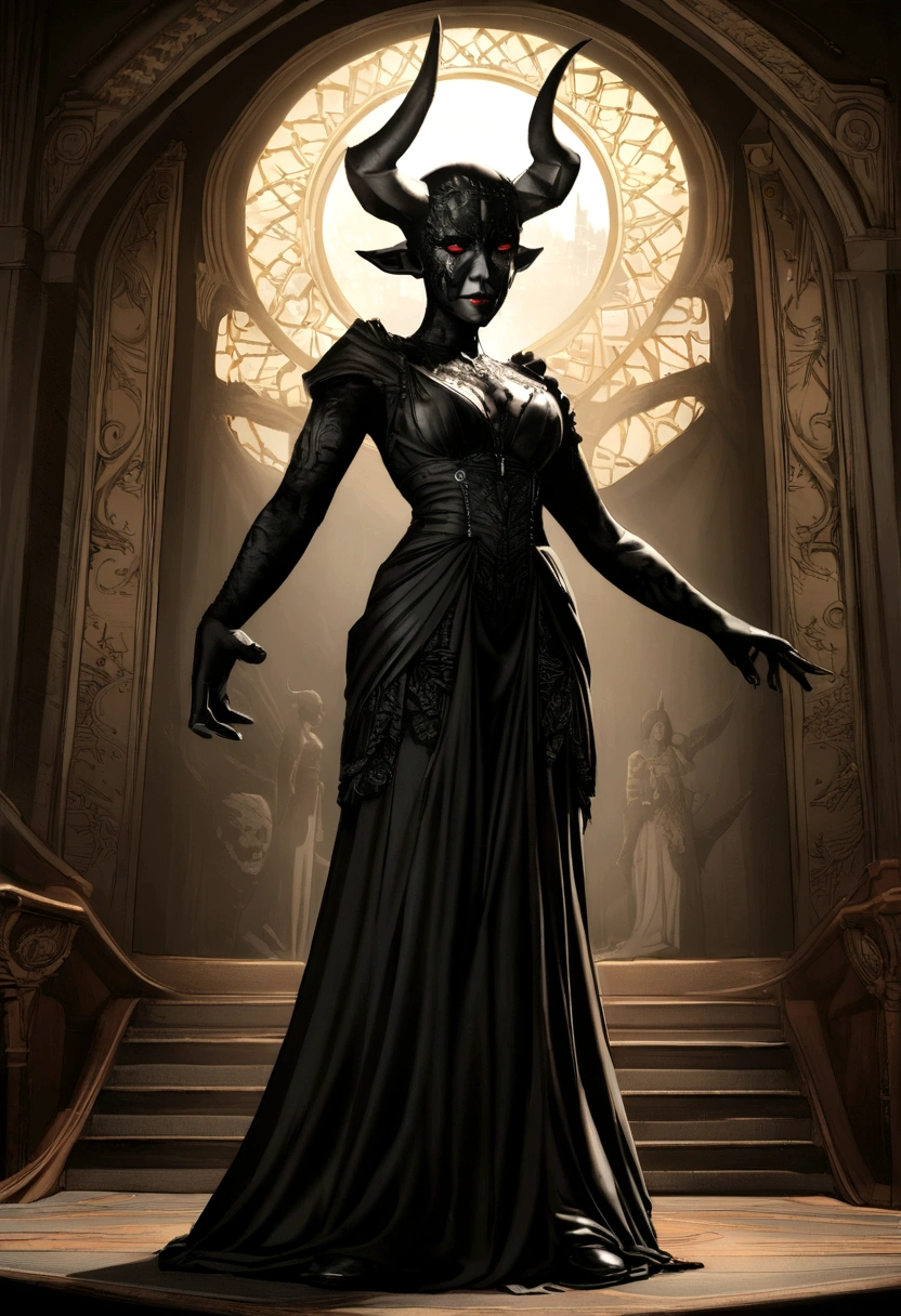 create a demon, full body character design, rudi giger, full body shot, yoruba, dark fantasy, hyperrealistic, snow sculpture, cinematic lighting, lucifer, afrocentric interior design, macabre outfit, ☦️, hell, devil, black woman, crone --auto --s2