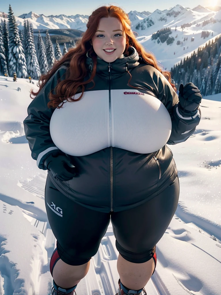 A happy photo of a young beautiful redhead girl bbw with Huge Breasts with long curly ginger hair, blue eyes,  soft fat belly, wide fat obese hips, thick fat legs and fat arms, in full warm covering skiing clothes, skiing coat, skiing pants on a snowy mountain, it is snowing at sunset