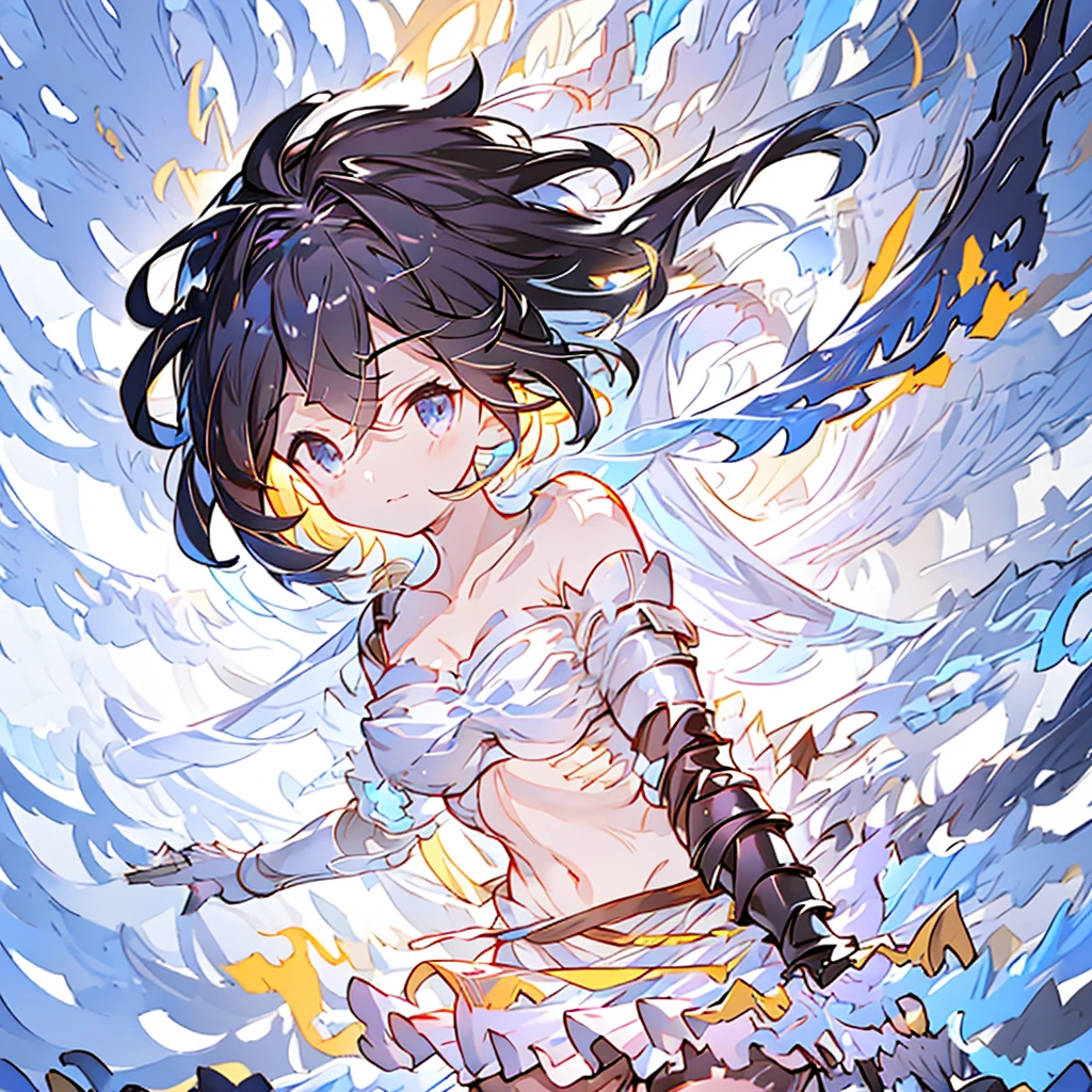 Djeeta Dark blue hair color Black headband Facing forward looks strong Black Armor Cleavage is coming out I have a protruding belly Erase the background Pure white background