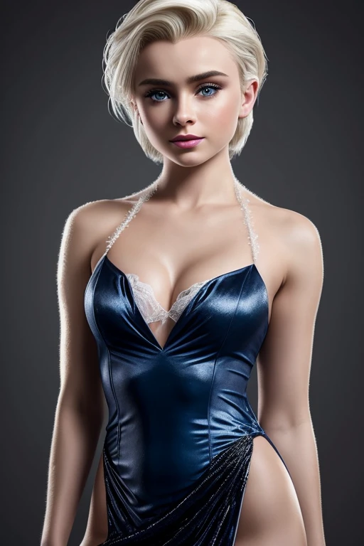 Gorgeous european woman with very short hair, short hair with fringe, wet hair, hair slicked back, combed straight back, slick hair, streaked blonde hair, seductive pose, sabrina carpenter as elsa frozen, torn ragged elsa frozen costume, cleavage, solid dark grey background