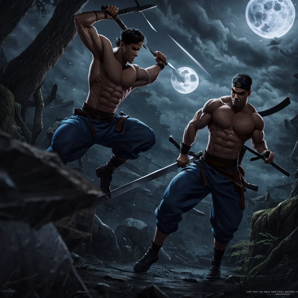 rafael (Tartaruga ninja) brawny, defined, with swords(sai) in a gloomy forest, under the moonlight, ultrarealistic, 4K