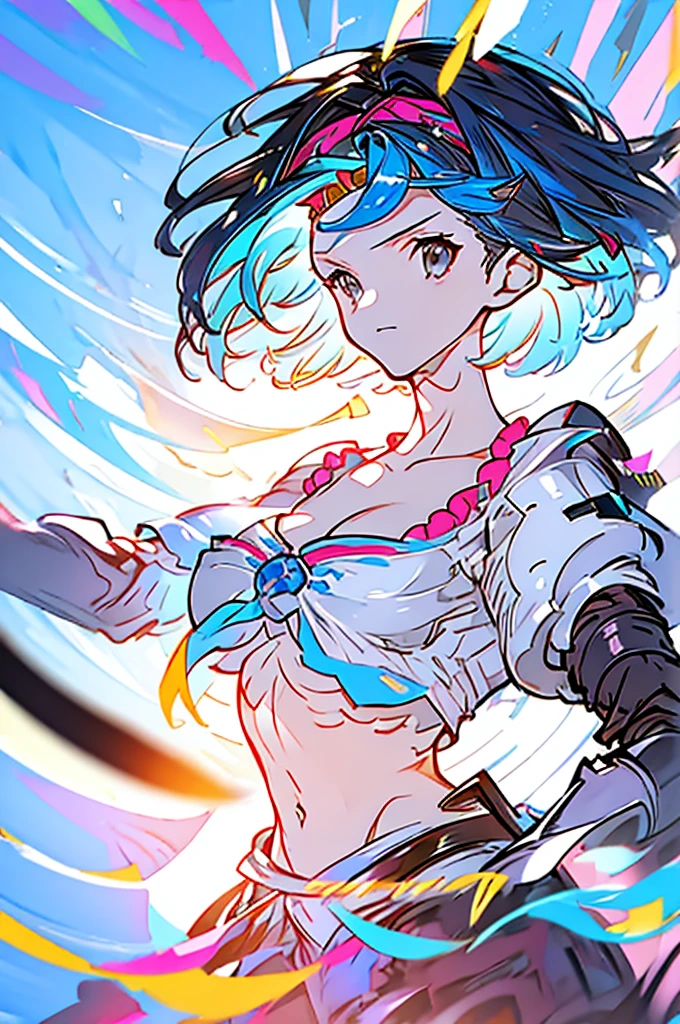 Djeeta 　Blue Hair　Black headband　Facing forward　looks strong　Black Armor　Cleavage is coming out　I have a protruding belly　Erase the background　Pure white background