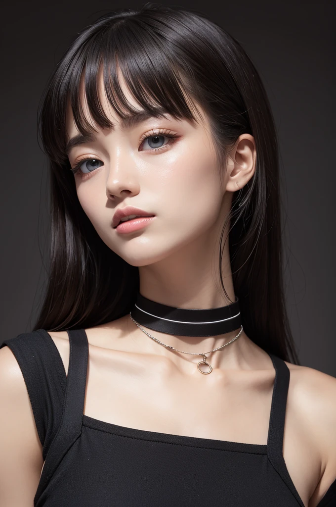 necessity, alone, 1 girl, 검은 Fingernail, jewel류, Short hair, looking at viewer, choker, necklace, piercing, ((black background)), heart mark, closed mouth, gray eyes, manicure, simple background, gray hair, ear piercing, Black choker, laugh, Eyelashes, Lips, raise one's arms, forehead, bracelet, bead, jewel, earring, Fingernail
