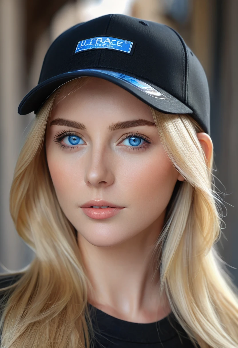 Blonde woman with blue eyes, wearing a black cap on his head (blunt cap image, full image of the cap), portrait ultra detailed, perfect, very high quality image, soft portrait photographed in 8k, Extremely beautiful face, real detailed picture, perfectly lit image, ultra detailed face, face and cap on head detailed