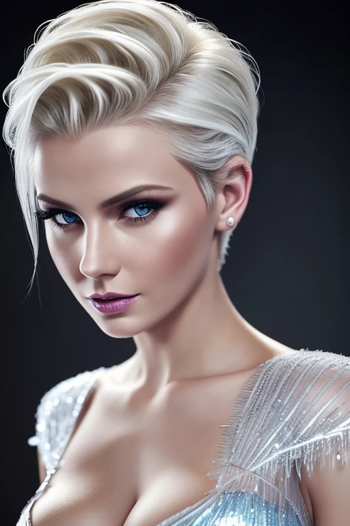 Gorgeous european woman with very short hair, short hair with fringe, wet hair, hair slicked back, combed straight back, slick hair, streaked blonde hair, seductive pose, alive eve as elsa frozen, torn ragged elsa frozen costume, cleavage, solid dark grey background