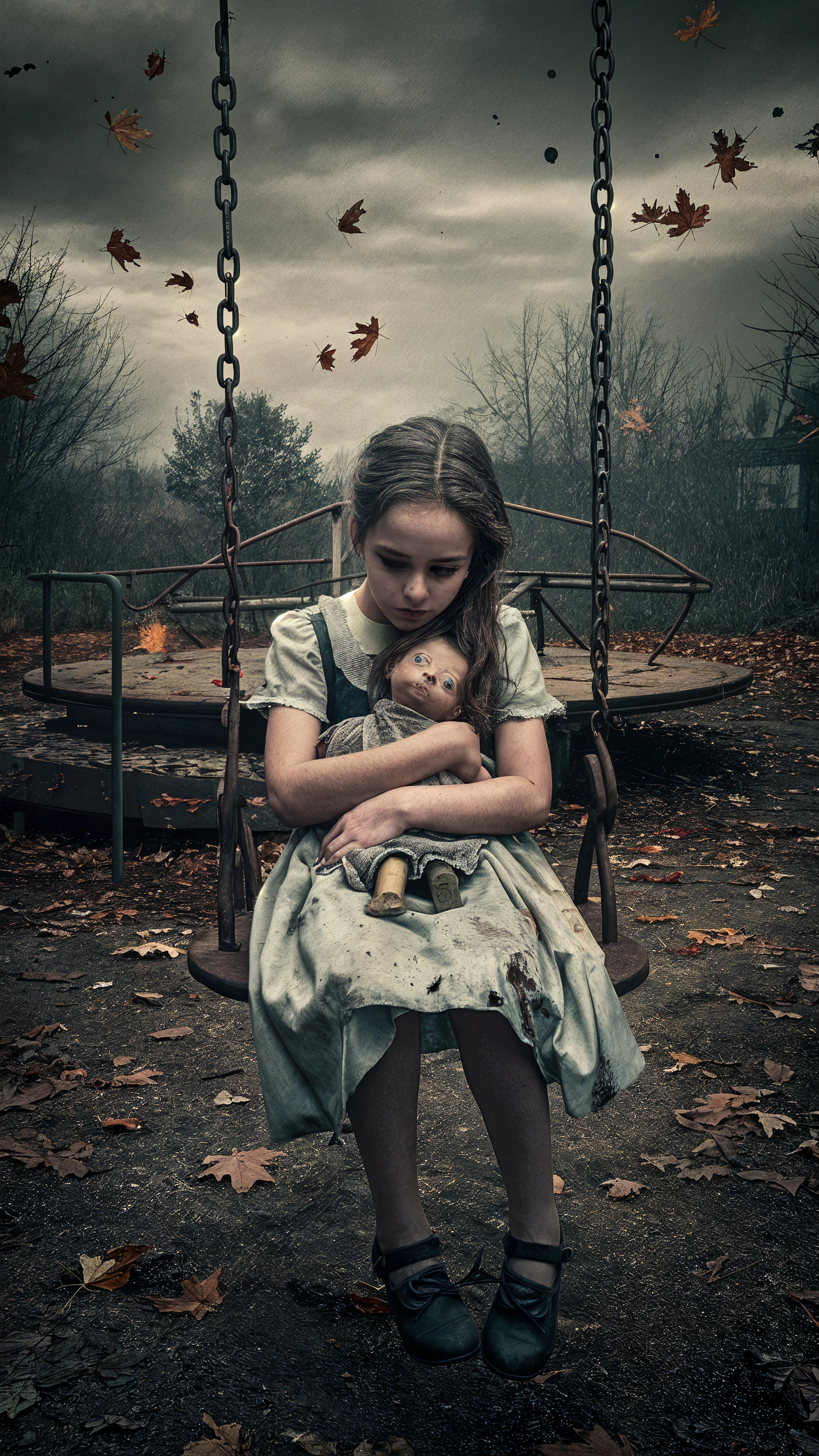 A realistic photograph of a cute Japanese girl standing alone in an abandoned amusement park at dusk in August. 14yo, The rusted remains of a Ferris wheel loom behind her, partially obscured by overgrown weeds. She is holding an old, tattered stuffed toy, her expression vacant as the shadows lengthen around her. The eerie silence is broken only by the distant sound of creaking metal.