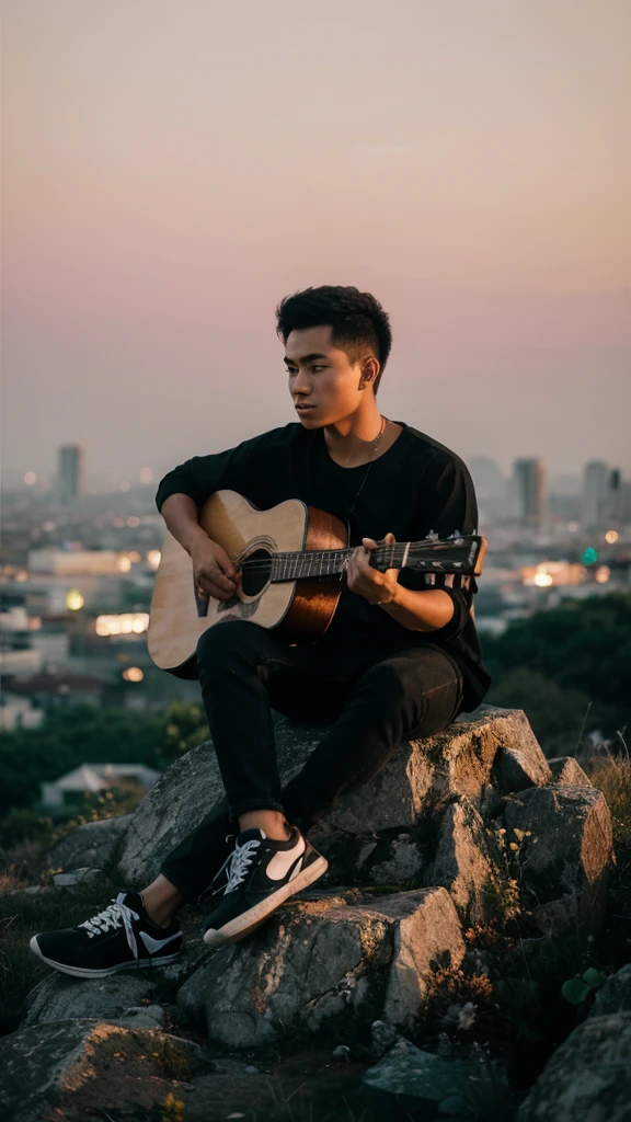 A stunning portrait photography capturing a young Indonesian man with a vibrant personality. He is wearing a black shirt, jeans, and sneakers, showcasing his casual yet stylish attire. Sitting atop a rocky hill, the young man is strumming an acoustic guitar with a serene expression. As the golden hour casts its warm glow over the scene, the skyline of the city can be seen in the distance, illuminated by the shimmering lights of the bustling metropolis., portrait photography