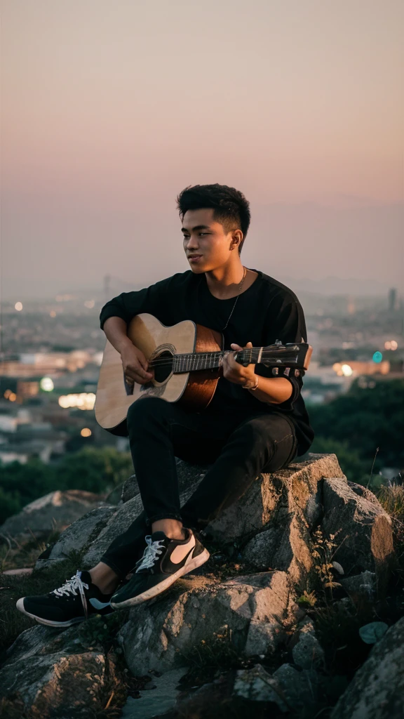 A stunning portrait photography capturing a young Indonesian man with a vibrant personality. He is wearing a black shirt, jeans, and sneakers, showcasing his casual yet stylish attire. Sitting atop a rocky hill, the young man is strumming an acoustic guitar with a serene expression. As the golden hour casts its warm glow over the scene, the skyline of the city can be seen in the distance, illuminated by the shimmering lights of the bustling metropolis., portrait photography