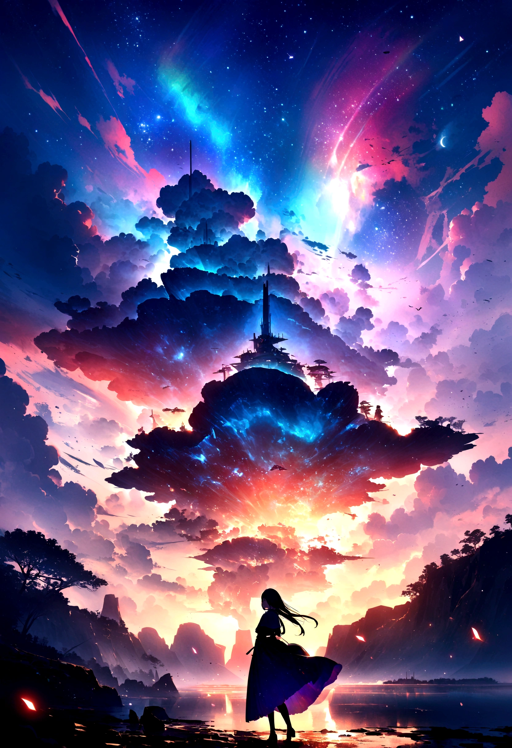 (8K、RAW photos、best quality、look up:1.2、masterpiece:1.2、realistic、Ultra-high resolution、High contrast、Light子映射、real、Very detailed、Official Art, RAW photos、professional Lighting、 Light、Vivid atmosphere、twiceLight), Spectacular panorama including flying islands and waterfalls、Colorful clouds landscape、 A girl is looking at the scenery。A white kitten is guarding 。 The whole work expresses a high fantasy worldview.、The grand composition and proportions are beautifully depicted.。Guardian nebula of rainbow Light and silvery vapor、The Corrosive Siege Ray Family Lights up the sky、There&#39;s a sticky feeling in the air.。In this world, Kindness and joy shine、Magnificent scenery adds color to the story。