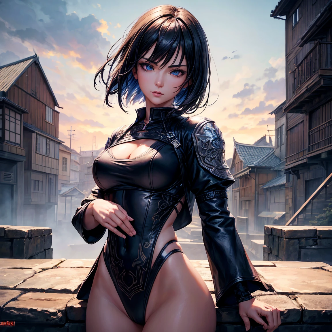 a woman, 1girl, short bob black hair, small breasts, blue sky eyes!!!, fait skin, blank face, sexy tight black ninja outfit, rooftop course, medieval japanese town, very sexy body, detailed face, beautiful detailed eyes, beautiful detailed lips, extremely detailed eyes and face, long eyelashes, detailed clothing, intricate details, highly detailed, photo realistic, 8k, best quality, masterpiece, cinematic lighting, dramatic lighting, vibrant colors, fantasy, digital art, concept art