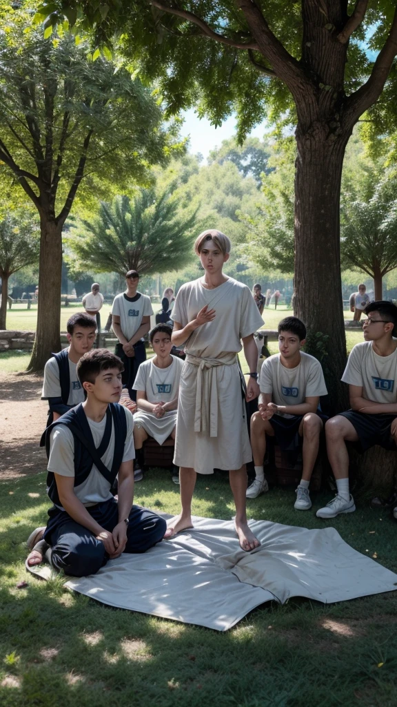 Zeno of Citium teaching his disciples: Zeno standing, gesturing gently while speaking to a group of attentive young people, sitting on the floor, under the shade of a big tree. Use of filtered natural light and intimate framing.