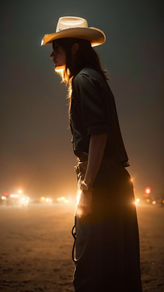 (Coyote in a cowboy hat), [Turn your back], Coyote Head,Humanity, masterpiece, Cinematic Light, Atmospheric lighting, Scattered beneath the surface,