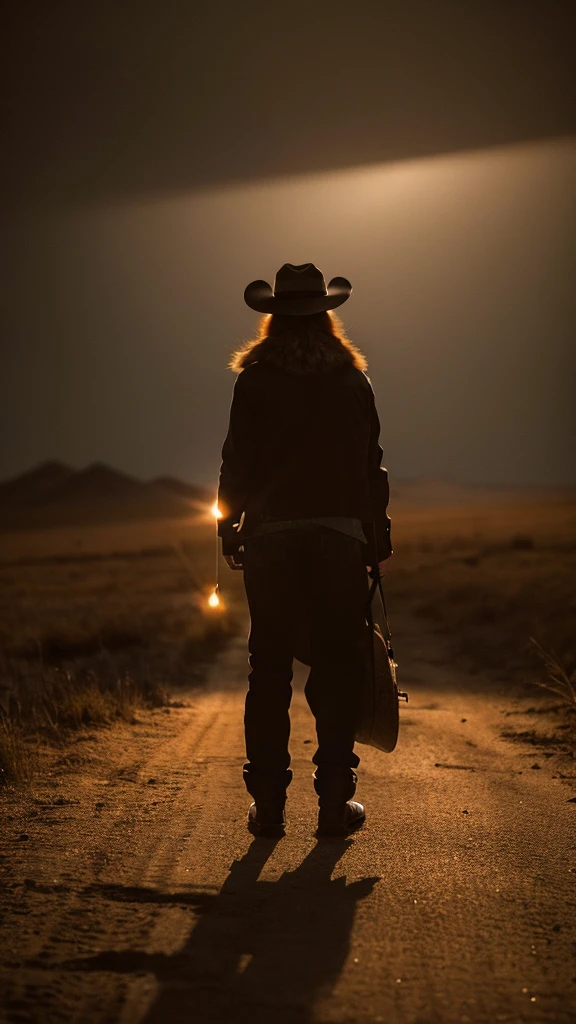 (Coyote in a cowboy hat), [Turn your back], Coyote Head,Humanity, masterpiece, Cinematic Light, Atmospheric lighting, Scattered beneath the surface,