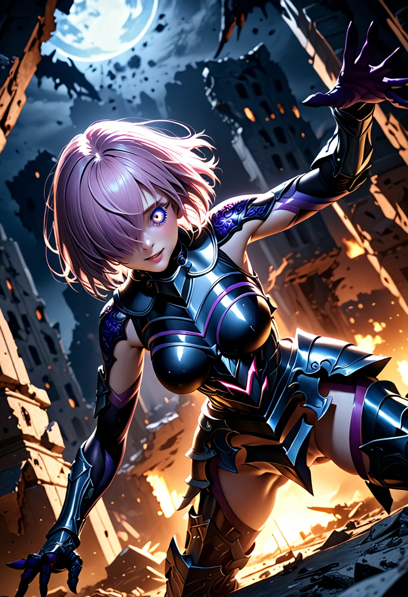 (masterpiece, top quality, best quality, beautiful and aesthetic:1.2), full body, SFW, extremely detailed, detailed face and eyes, cinematic light, depth of field, 1girl, seducing smile, solo, official, (full armored knight:1.4), dark armor, mash kyrielight, light purple hair, short hair, hair over one eye, slim body, cinematic lighting, dramatic lighting, dramatic atmosphere, hyper-realistic, high resolution, stunning contrast, high quality, best quality, 8k, 4k, intricately detailed, (amazing details:1.2), highly detailed skin, powerful presence, vibrant colors, (detailed eyes:1.2), striking eyes, (detailed background), (warzone on background, night, ruins), (dynamic angle:1.2), (dynamic pose:1.2)