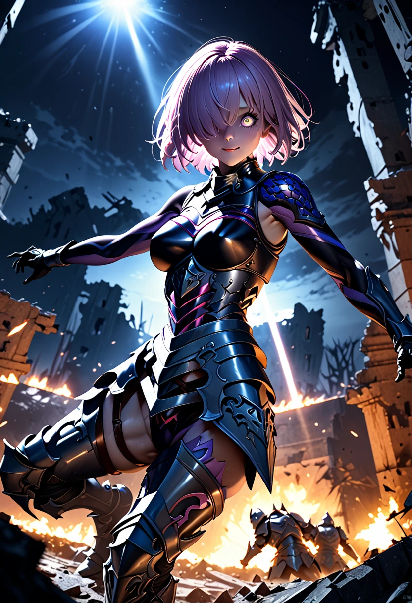 (masterpiece, top quality, best quality, beautiful and aesthetic:1.2), full body, SFW, extremely detailed, detailed face and eyes, cinematic light, depth of field, 1girl, seducing smile, solo, official, (full armored knight:1.4), dark armor, mash kyrielight, light purple hair, short hair, hair over one eye, slim body, cinematic lighting, dramatic lighting, dramatic atmosphere, hyper-realistic, high resolution, stunning contrast, high quality, best quality, 8k, 4k, intricately detailed, (amazing details:1.2), highly detailed skin, powerful presence, vibrant colors, (detailed eyes:1.2), striking eyes, (detailed background), (warzone on background, night, ruins), (dynamic angle:1.2), (dynamic pose:1.2)