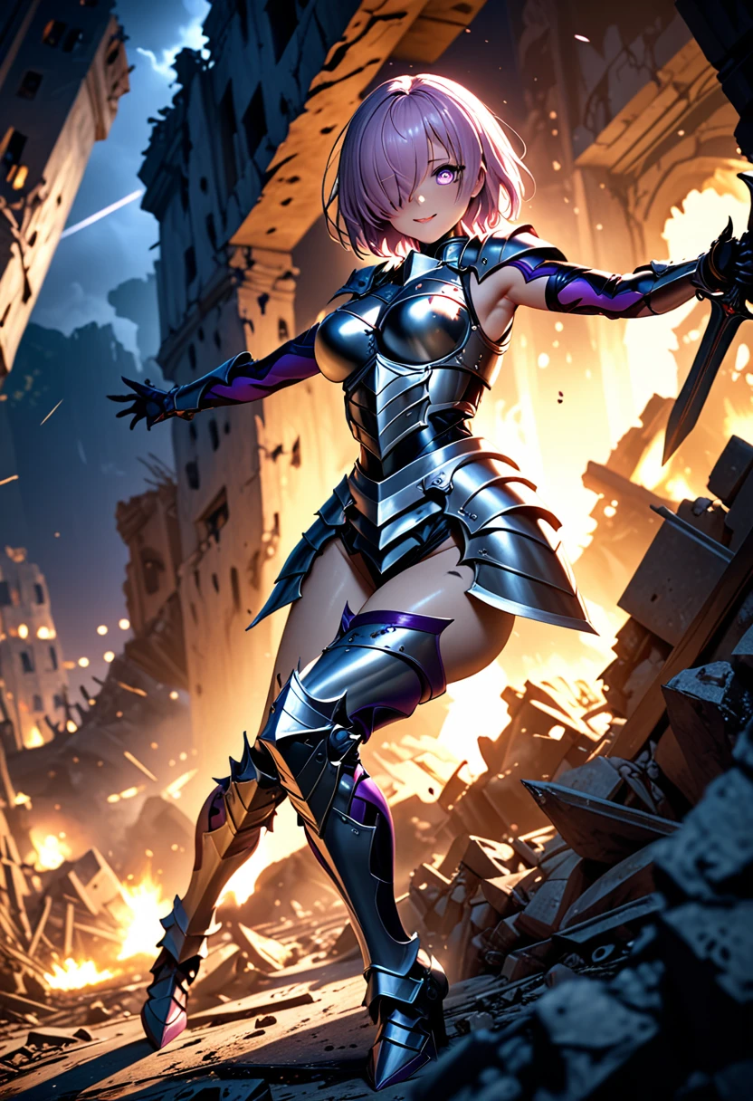 (masterpiece, top quality, best quality, beautiful and aesthetic:1.2), full body, SFW, extremely detailed, detailed face and eyes, cinematic light, depth of field, 1girl, seducing smile, solo, official, (full armored knight:1.4), dark armor, mash kyrielight, light purple hair, short hair, hair over one eye, slim body, cinematic lighting, dramatic lighting, dramatic atmosphere, hyper-realistic, high resolution, stunning contrast, high quality, best quality, 8k, 4k, intricately detailed, (amazing details:1.2), highly detailed skin, powerful presence, vibrant colors, (detailed eyes:1.2), striking eyes, (detailed background), (warzone on background, night, ruins), (dynamic angle:1.2), (dynamic pose:1.2)