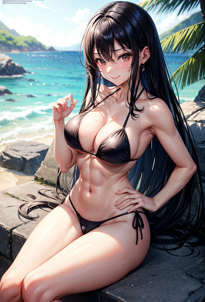 beautiful girl、Big Breasts、Black Hair、Long Straight、Great style、Nice body、Abdominal muscles、Muscular、Beautiful buttocks、Toned Legs、The whole body is visible、Sweaty skin、Sexy pose、gravure、gravureアイドル、Midsummer Sea、Black Bikini、A gentle smile、One girl