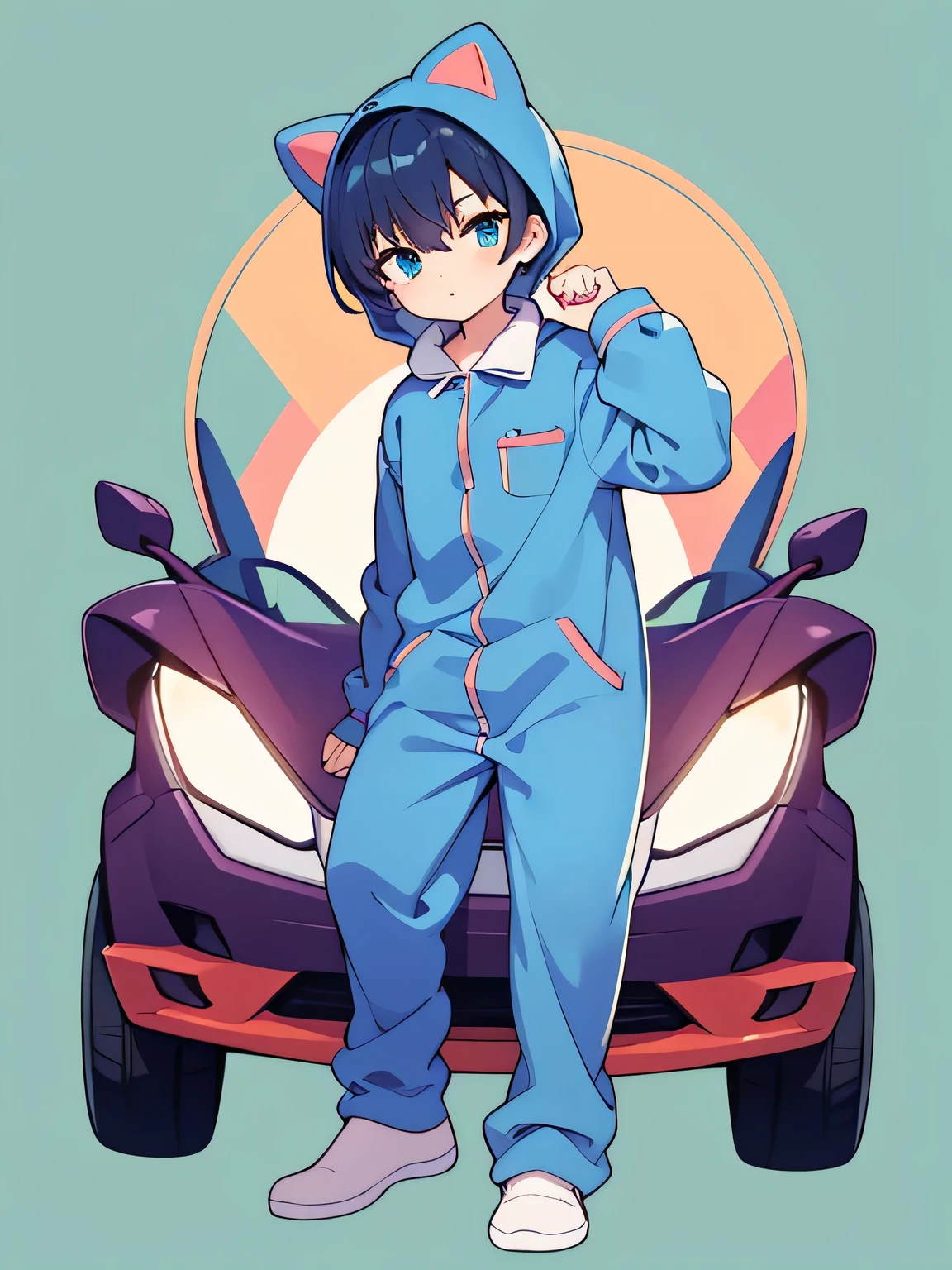 cool boy, 16 years, dark blue hair,dark blue eyes,light blue T-rex onesie pajamas, chibi, full body, green background only, Without background, Simple background,shoot from front, looking at viewer