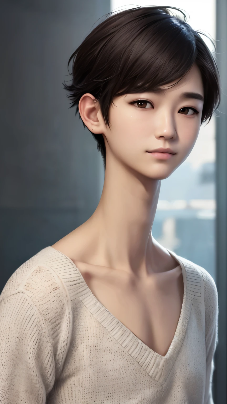 (ultra realistic, highly detailed:1.4), best quality, androgynous korean boy, short messy hair, (flat chest:1.2), oversized white sweater, small smile, (longneck:1.4)