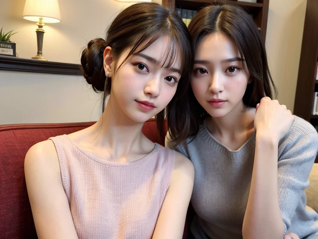 (Sleeveless:1.3) ((Put your hair up to reveal a sexy nape or neck)),beautiful, thin, Fair Arms　Pureeros　(super highest quality:1.3) (Very realistic, Realistic:1.3), (Sharp focus:1.3) Pure　(Sharp focus:1.3) Wide background々Luxurious living room　Bookshelf　3D　Beautiful gradients　  A happy and kind smile　Very high quality and stylish　See-through bangs　　Elegant and intelligent　Clean and stylish　Excellent Education　Women's Fashion Magazine　model　　 (Realistic and very high quality:1.3). (High resolution/High resolution:1.3)　　Tabletop, Very delicate and beautiful, Soft Light, (Brown Hair, Shoulder-length straight bob hair)  Beautiful detailed girls, Highly detailed eyes and face, beautifully detailed nose, thin and beautiful eyes, 1 girl, Japanese, Pureな beauty, cute, young, Very stylish　　A spring sweater in spring-like colors　Very stylish　Supported by women　Trending Fashion　, (Medium Chest), Realistic Face, Realistic body, 