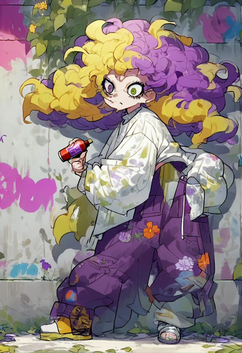 ((long shot, whole body: 1.6)), purple: 1.5, Orange: 1.1, green: 1.3, White: 1.3, yellow: 1.3, (rapper girl with scary hair, Very detailed eyes and body and beautiful baggy loose clothing :1.6), tattoos, (walls with graffiti: 1.2), flower, leaves, born in the fog, Lines, leaning against the wall with a spray paint in her hand, action pose, 32k.