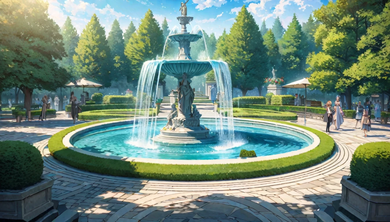 summer heat, anime aestetics, noon, park full of trees, big fountain in the center, greek style fountain, little rainbows, green and blue colors, perfect shadows, beauty of nature, stone roads, statue of goddes on the top of the fountain, (1 statue), statue of mature woman in armour, holding a spear, statue of athena, wide shot, atmospheric perspective, perspective, 4K, 8k, best quality, award winning, anatomically correct, super detail, masterpiece