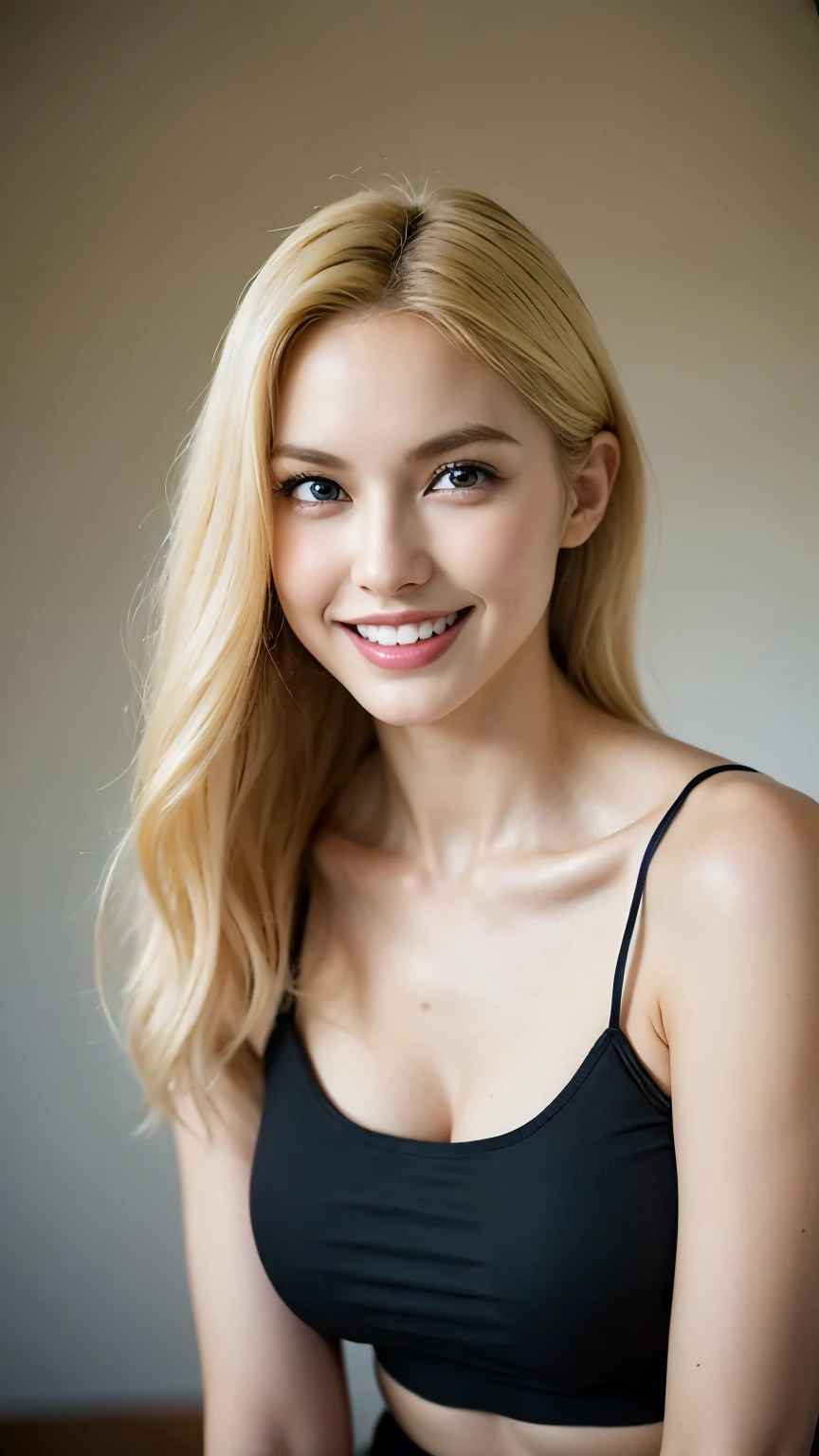 A beautiful American woman.
Her whole body is visible.
In a sexy pose.
She is smiling, showing her teeth.
Blonde hair.
White skin. High nose, high cheekbones.
Wearing a black camisole.
Looking at us from a slightly elevated angle.
Long hair with a center part.
Large chest.
Blue eyes.