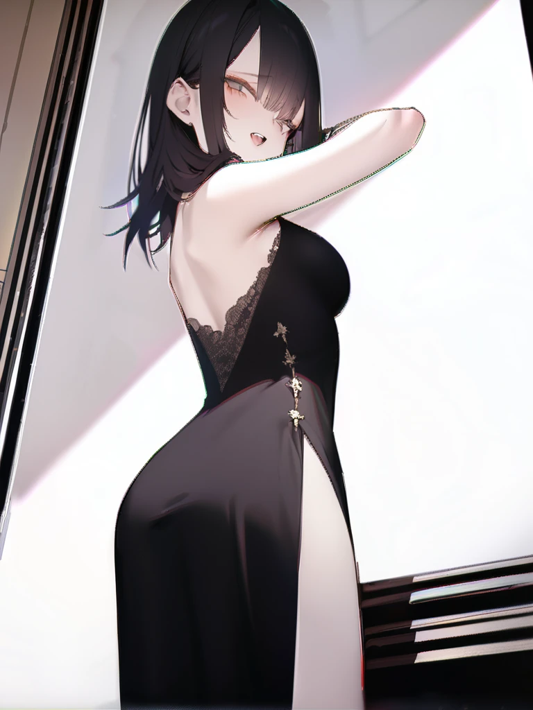 devil、Highest quality、masterpiece、Very detailed、Black Dress、devilの角、Double teeth、Looking at this