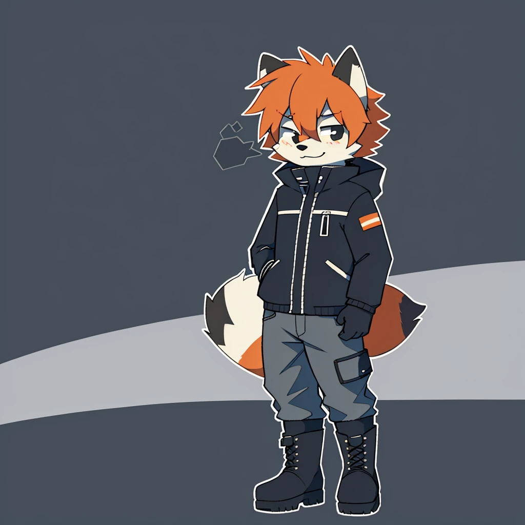 Male, red panda, furry, orange hair, scruffy,, short hair, black eyes, pants, gray winter jacket, boots, alone