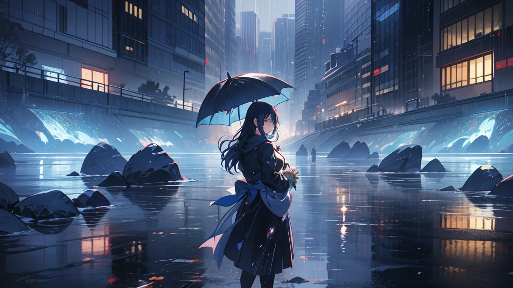 A woman standing in the rain kawaii anime portrait