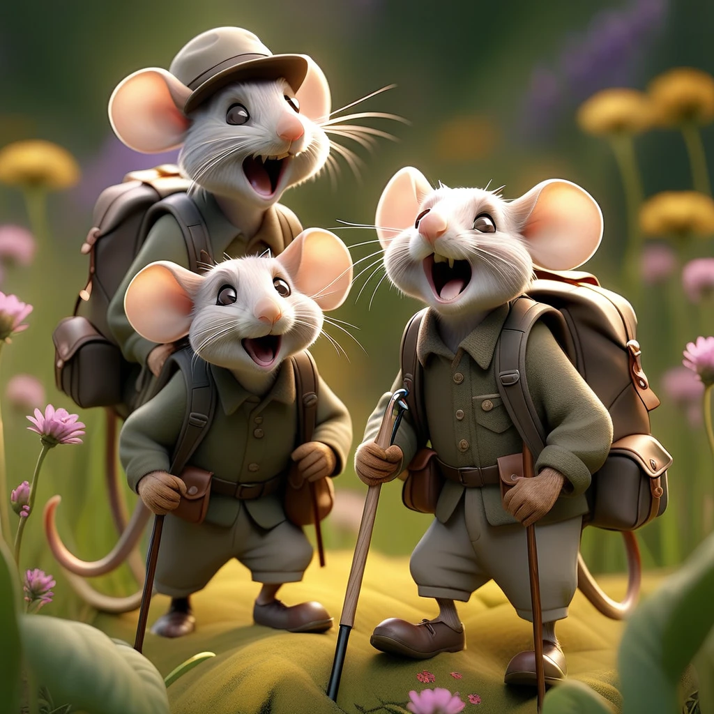 several old mice with thick gray beards, wearing backpacks and hiking gear, walking terrified through a lush flower field, carrying a wooden walking cane, looking weak and scared, (best quality,4k,8k,highres,masterpiece:1.2),ultra-detailed,(realistic,photorealistic,photo-realistic:1.37),detailed texture, intricate details, warm lighting, natural colors, serene landscape, depth of field
