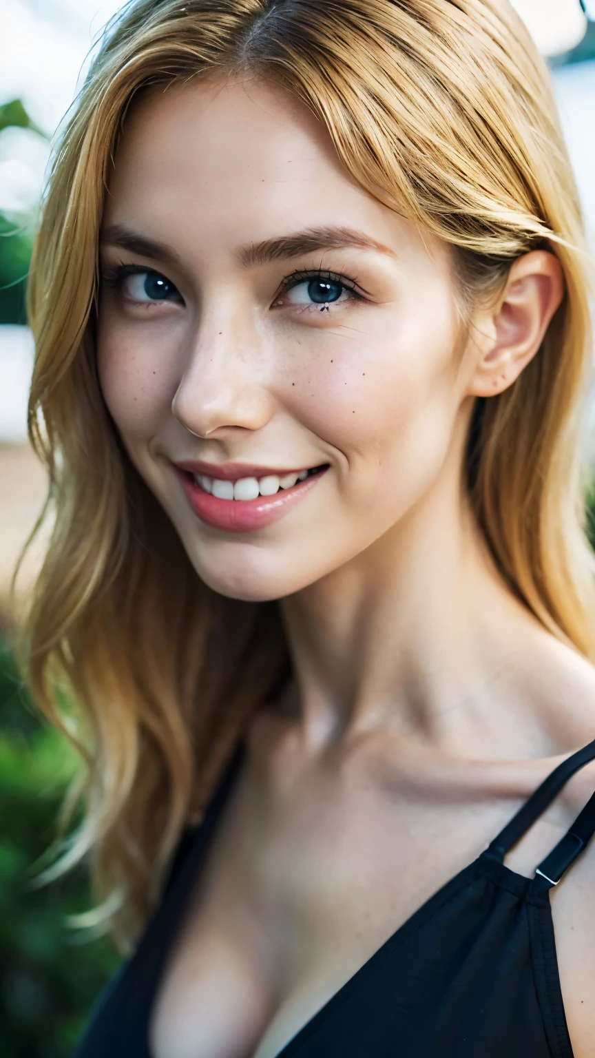 A beautiful American woman.
Her whole body is visible.
She is smiling, showing her teeth.
Blonde hair.
Freckles on her face.
White skin. High nose, high cheekbones.
Wearing a black camisole.
Looking at us from a slightly elevated angle.
Long hair with a center part.
Large chest.
Blue eyes.