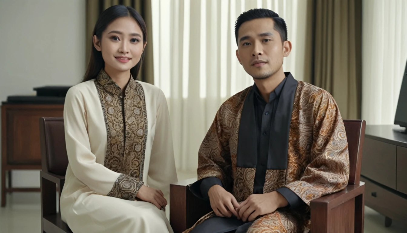 30 year old Indonesian man, wearing a batik shirt, sitting in a chair in the studio, with a 27 year old daughter, wearing a graduation gown, wearing the same batik shirt. Behind the curtains of a luxury studio. Realistic 3D image. HD16k