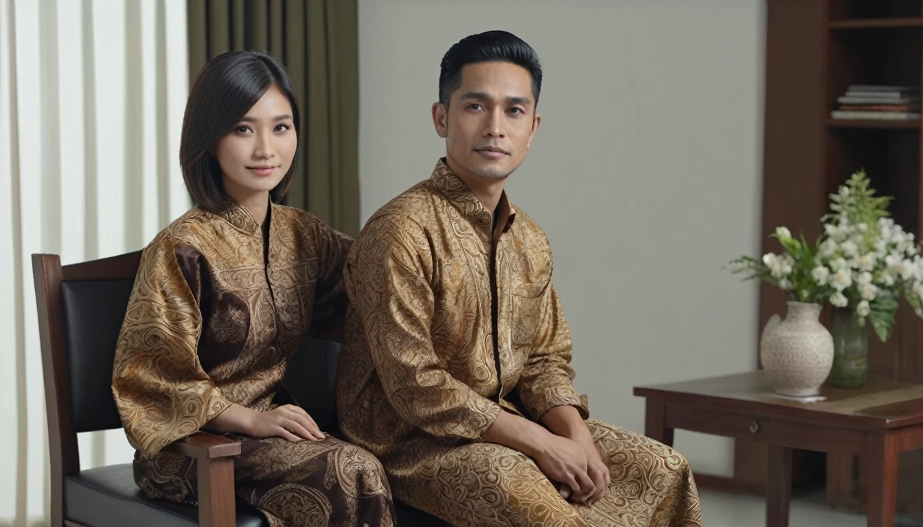 30 year old Indonesian man, wearing a batik shirt, sitting in a chair in the studio, with a 27 year old daughter, wearing a graduation gown, wearing the same batik shirt. Behind the curtains of a luxury studio. Realistic 3D image. HD16k