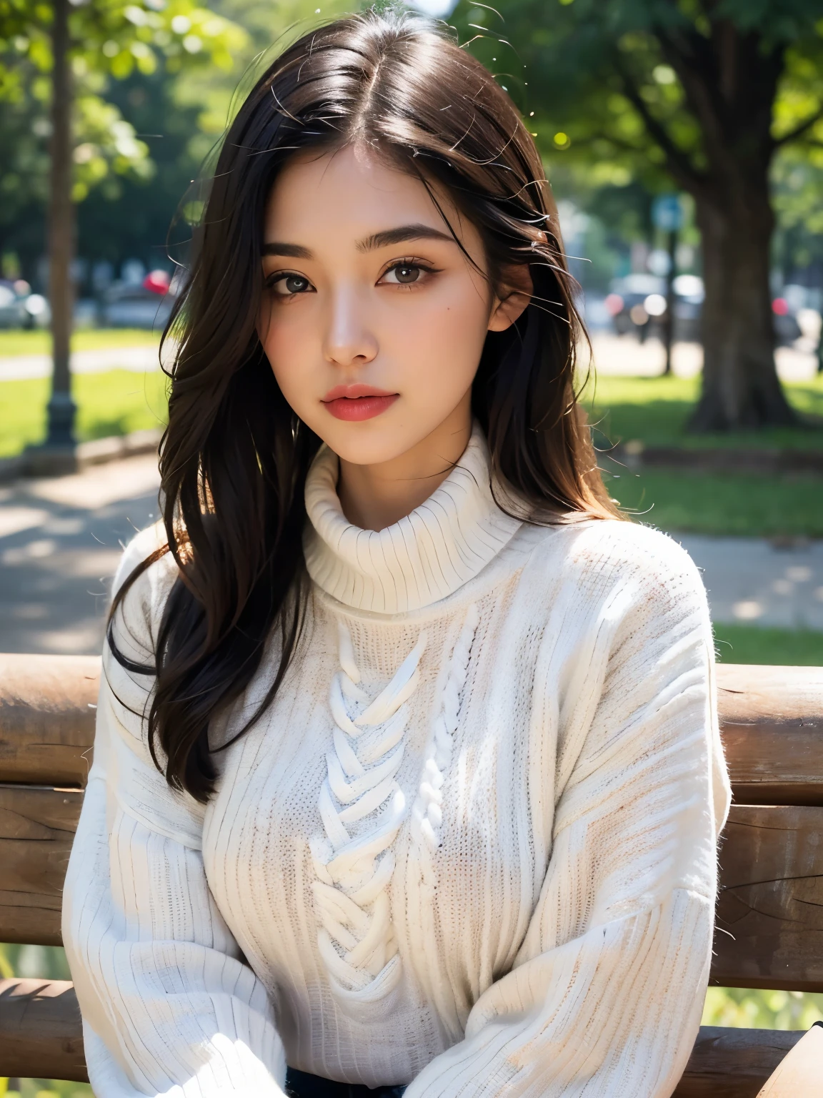 best quality, photorealistic, 8k, high res, full color, 1girl, woman, 20 years old woman, (closed mouth:1.76), (skindentation), (portrait:0.6), trees, park bench, daylight, ((park background:1.52)), full color, ((necksweater:1.68)), straight-looking at viewer:1.8, (1girl eyes looking at viewer:1.55), (medium-length hair, blackhair, partedhair:1.45), (bokeh)