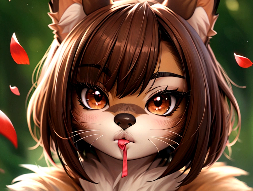 (Furry:1.2), Realistic fur, Down to the last detail, Big eyes, I want to create an entire image in 3D anime style, alone, View your viewers, short hair, bangs, Brown Hair, One boy, Brown eyes, Mouth closed, Upper Body, Male Focus, Blurred, lips, petal, Blurred background