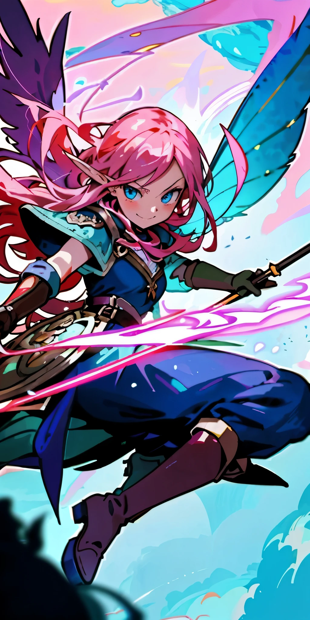 Very detailed illustration of a valkyrie, elf woman, long dark-pink hair, smirk, blue eyes, fairy wings, holding rapier, knee-length brown leather boots, blushed, zoomed, detailed colorful port environment, whimsical, tetradic colors, cartoon, darkest dungeon merged with league of legends, MSchiffer, fairytale, fantasy, cartoonish vector, anime, manga, vibrant, soft pastel colors, (cel-shaded) flat coloring