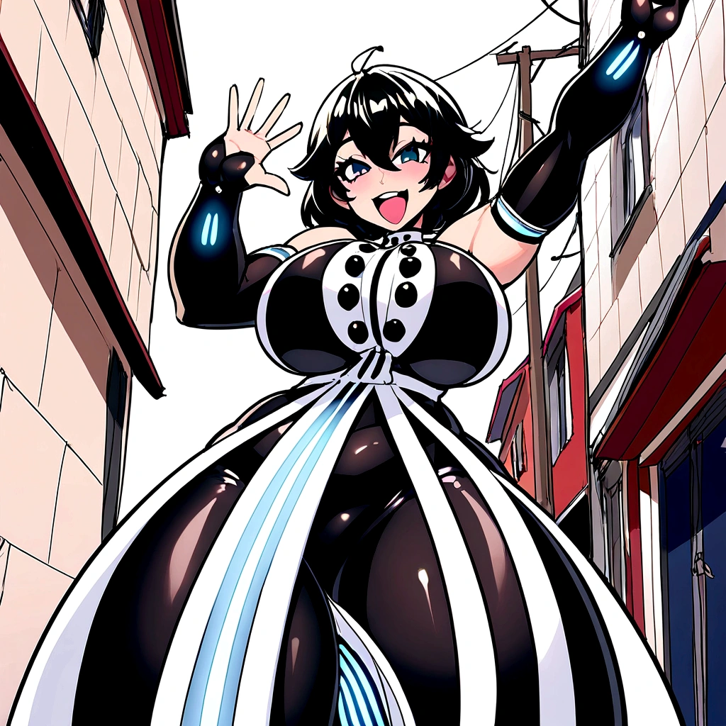 1womanl, is smiling, looking at the camera, standing, it is lifted, has his right arm raised waving, your mouth is open, smiling;, is smiling, It's on the street, is on the sidewalk, Is not home, e feliz, are you excited, Your body is voluptuous, Your body is attractive, she has big breasts, She has huge breasts, She has a big ass, she has a huge ass, she has big thighs, she has very big thighs., Your skin is tanned, your skin is darker white.