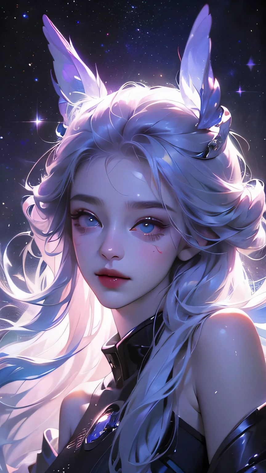 ((girl, fur)), Brilliant eyes, blue pupils，smile, fur girl,long hair, ceramic body, hip gap, ((The background is a city with a technology feel.)),The starry sky is magnificent， (translucent, Reflective skin), (Surrealism: 1.4), ((Detailed facial features, Detailed eyes, detailed face)), portrait 