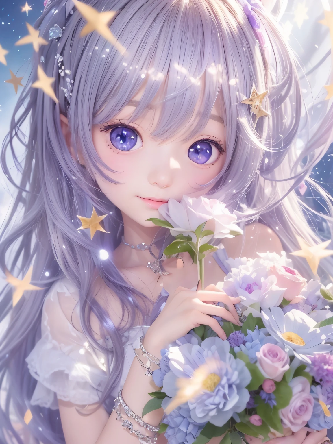 photograph、water、8age、high resolution、quality、Real masterpieces, Highest quality, Highly detailed shape,1 Girl,alone, Image body, flower, Looking at the audience、 Purple eyes, Jewel-like eyes, Very beautiful eyes, Highly detailed face、universe (null), constellation, Purple Energy、 meteor、Shiny, straight, long hair down to the waist, Beautiful shiny bangs、16k、24k、