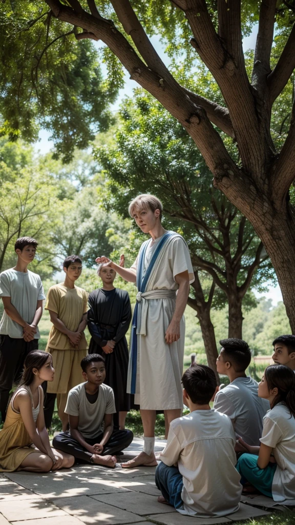 Zeno of Citium teaching his disciples: Zeno standing, gesturing gently while speaking to a group of attentive young people, sitting on the floor, under the shade of a big tree. Use of filtered natural light and intimate framing.